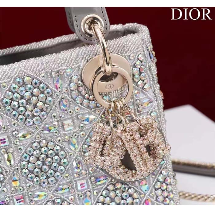 Dior Women Small Lady Dior Bag Gray Smooth Calfskin Satin Bead Embroidery (4)