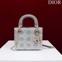 Dior Women Small Lady Dior Bag Gray Smooth Calfskin Satin Bead Embroidery (8)