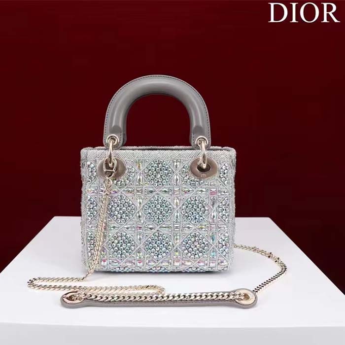 Dior Women Small Lady Dior Bag Gray Smooth Calfskin Satin Bead Embroidery (6)