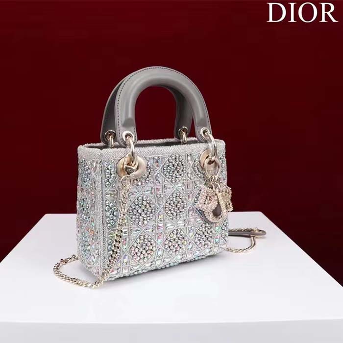 Dior Women Small Lady Dior Bag Gray Smooth Calfskin Satin Bead Embroidery (7)