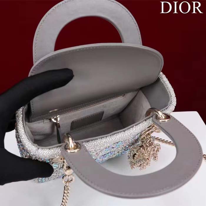Dior Women Small Lady Dior Bag Gray Smooth Calfskin Satin Bead Embroidery (9)