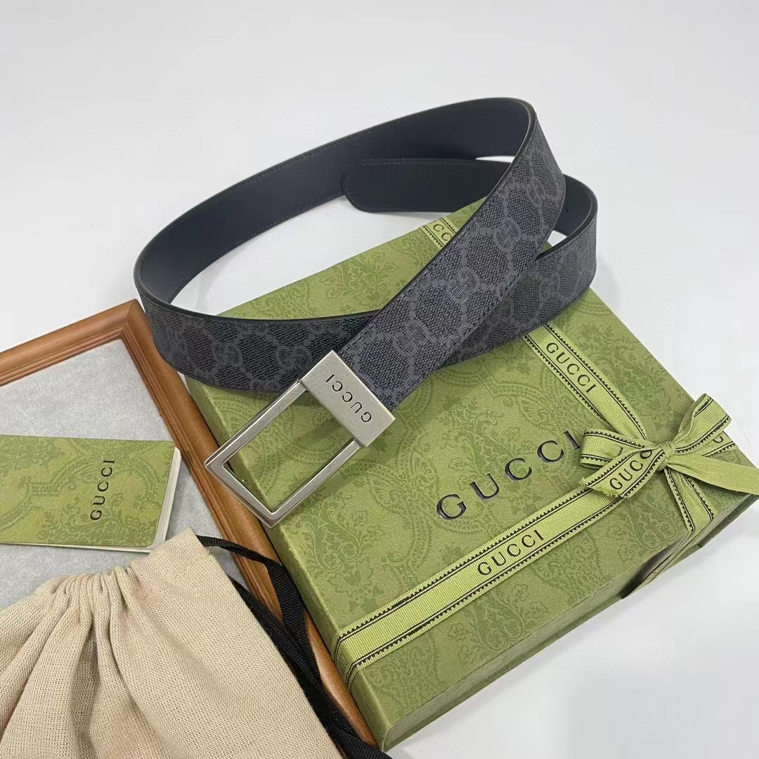 Gucci Unisex Belt Rectangular Buckle Black GG Supreme Canvas 3.6 CM Width (5)