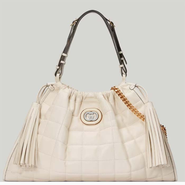 Gucci Unisex GG Deco Medium Tote Bag White Quilted Leather Interlocking G
