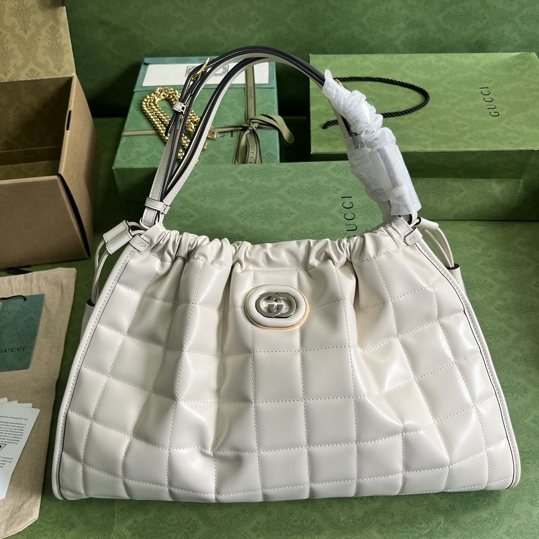 Gucci Unisex GG Deco Medium Tote Bag White Quilted Leather Interlocking G (9)