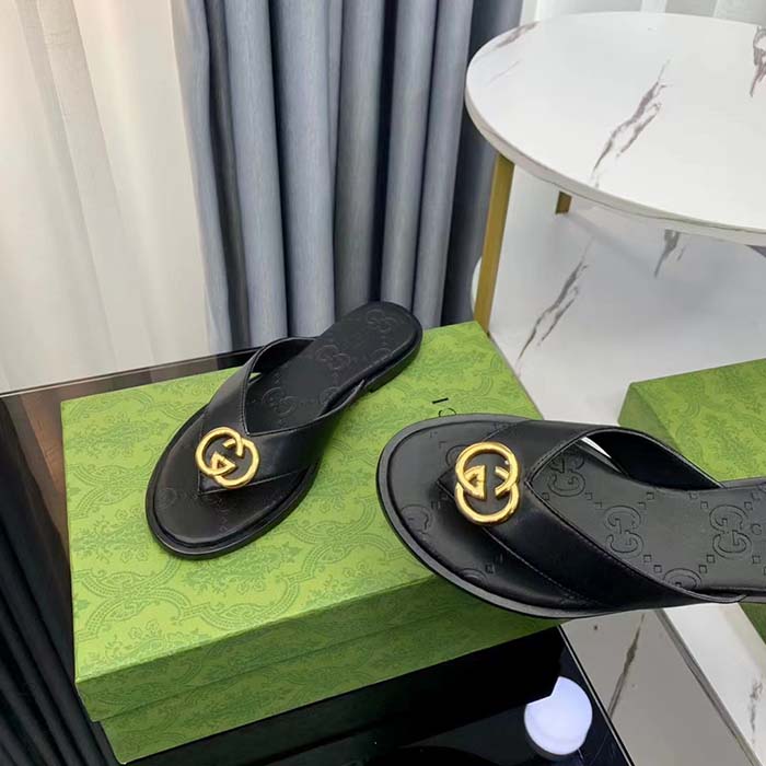 Gucci Unisex GG Interlocking G Thong Sandal Black Leather Flat (1)