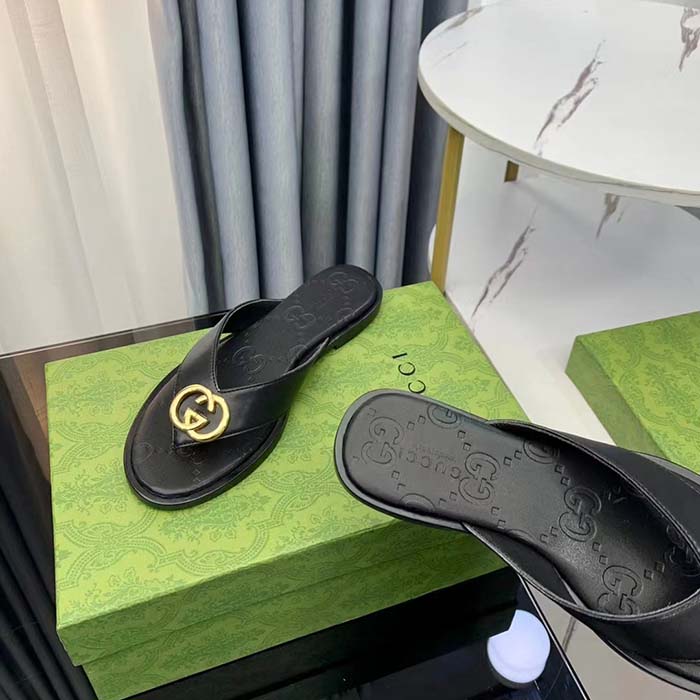 Gucci Unisex GG Interlocking G Thong Sandal Black Leather Flat (2)