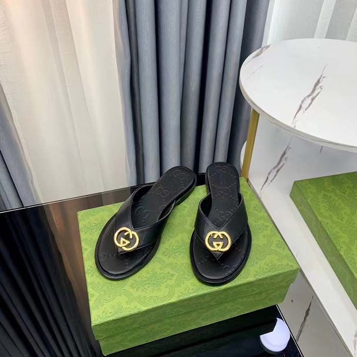 Gucci Unisex GG Interlocking G Thong Sandal Black Leather Flat (3)