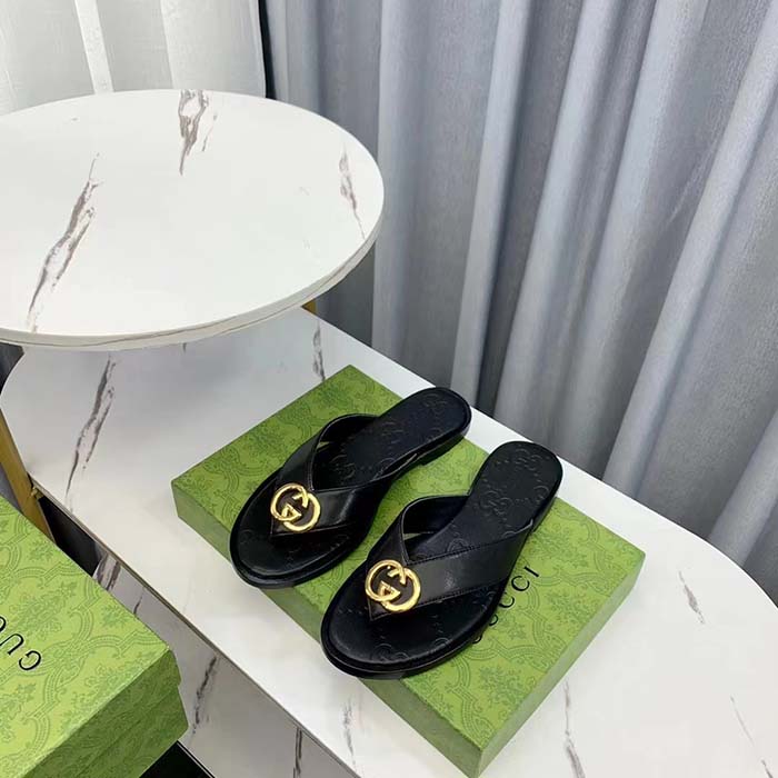 Gucci Unisex GG Interlocking G Thong Sandal Black Leather Flat (4)