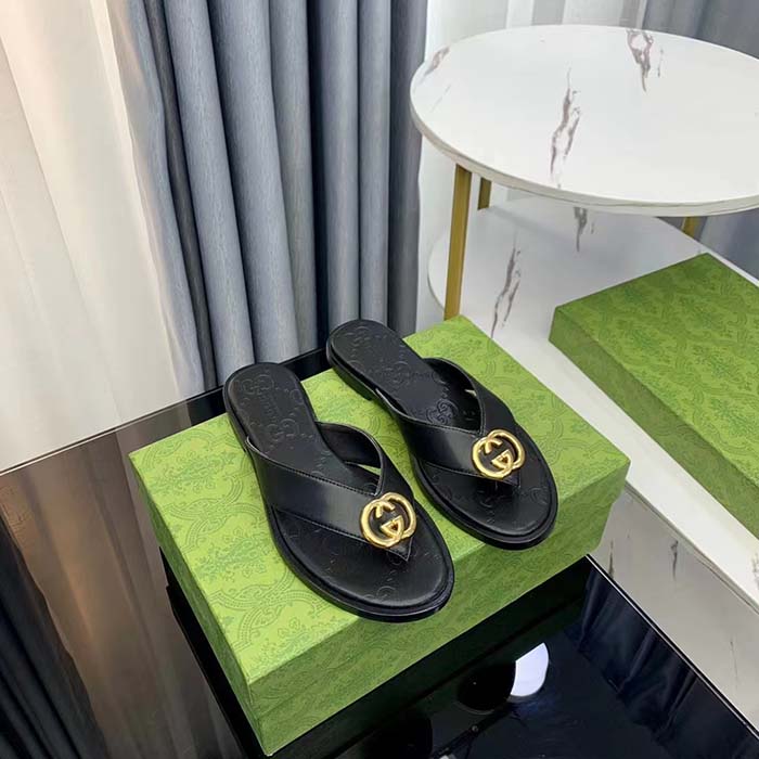 Gucci Unisex GG Interlocking G Thong Sandal Black Leather Flat (5)