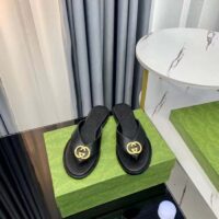 Gucci Unisex GG Interlocking G Thong Sandal Black Leather Flat (7)
