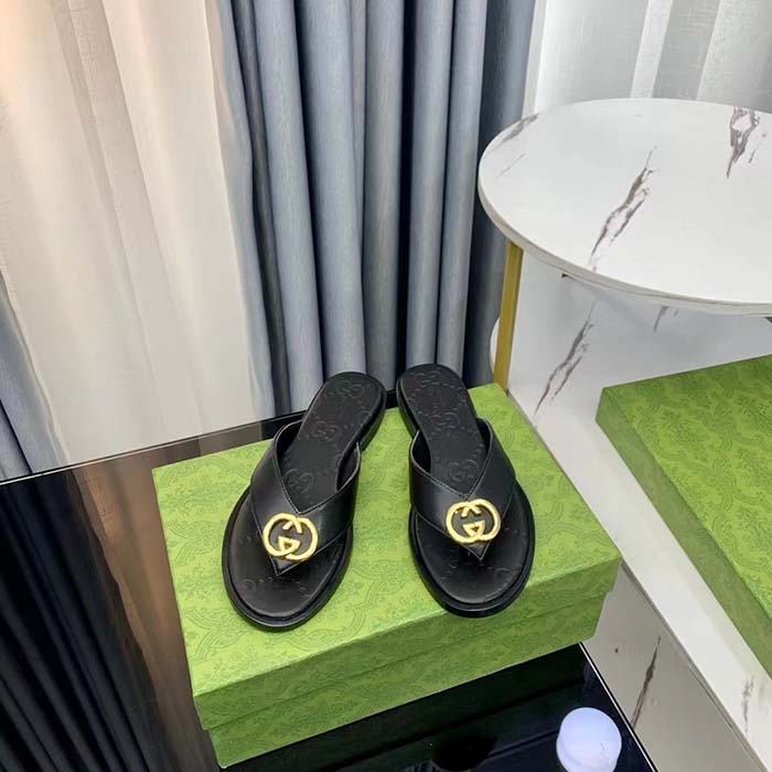 Gucci Unisex GG Interlocking G Thong Sandal Black Leather Flat (9)