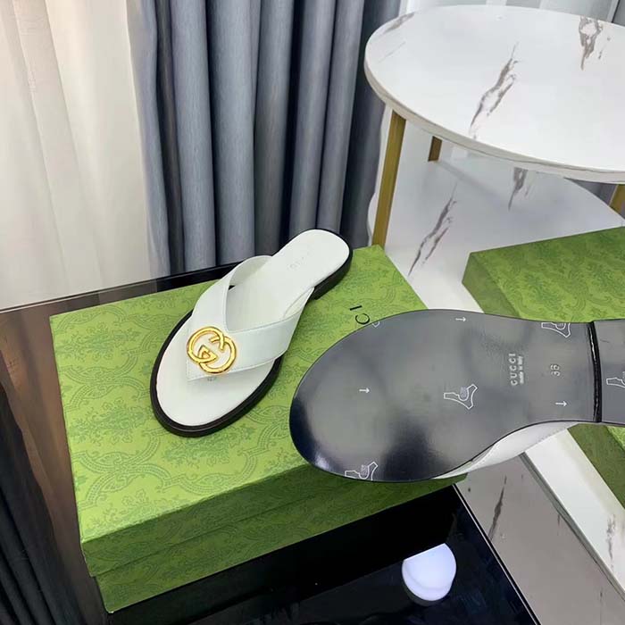 Gucci Unisex GG Interlocking G Thong Sandal White Leather Flat (1)