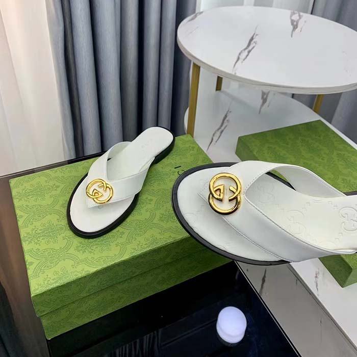 Gucci Unisex GG Interlocking G Thong Sandal White Leather Flat (2)