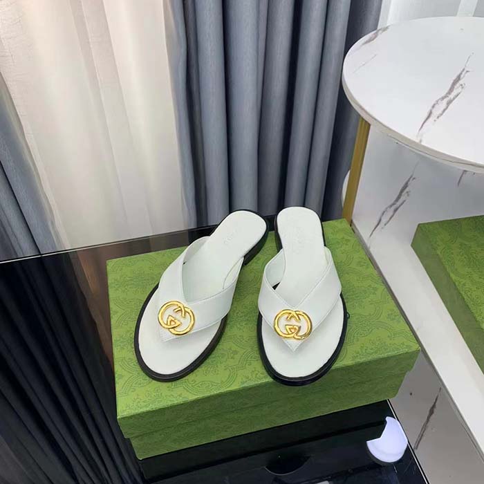 Gucci Unisex GG Interlocking G Thong Sandal White Leather Flat (3)