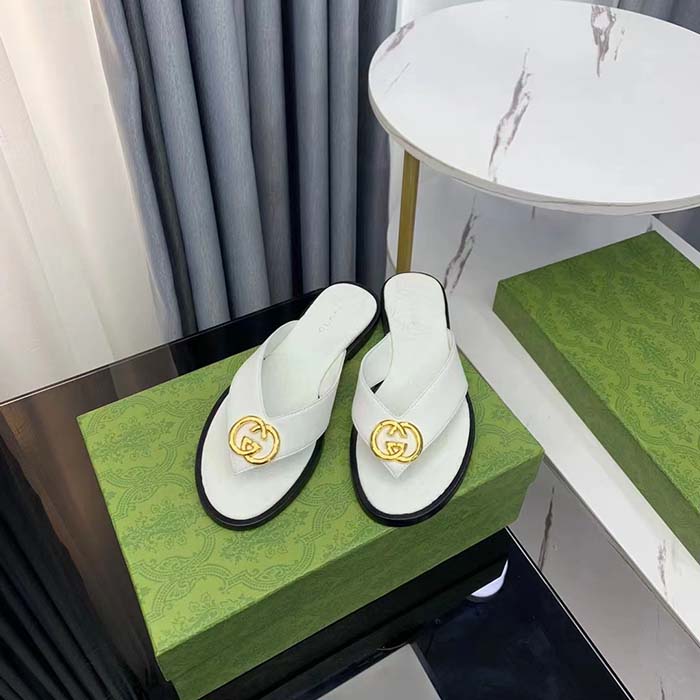 Gucci Unisex GG Interlocking G Thong Sandal White Leather Flat (4)