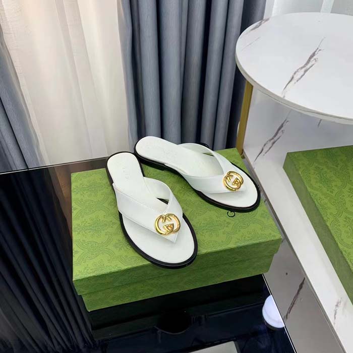 Gucci Unisex GG Interlocking G Thong Sandal White Leather Flat (5)