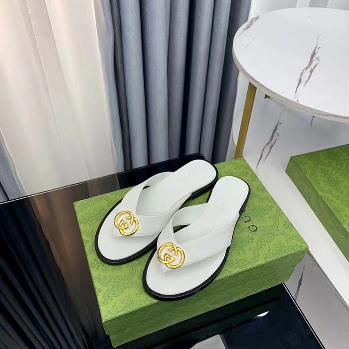 Gucci Unisex GG Interlocking G Thong Sandal White Leather Flat (6)