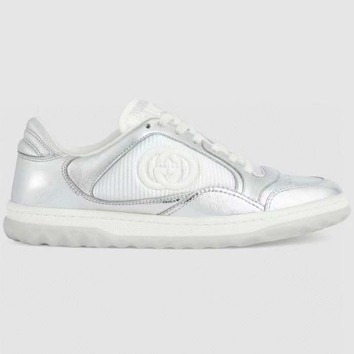 Gucci Unisex GG MAC80 Sneaker Metallic Silver Leather Fabric Round Toe Rubber Flat