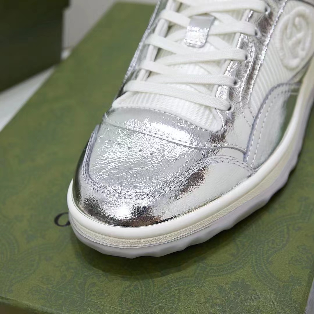 Gucci Unisex GG MAC80 Sneaker Metallic Silver Leather Round Toe Rubber Flat (1)