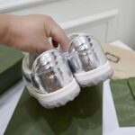 Gucci Unisex GG MAC80 Sneaker Metallic Silver Leather Round Toe Rubber Flat - Image 6