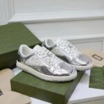 Gucci Unisex GG MAC80 Sneaker Metallic Silver Leather Round Toe Rubber Flat - Image 2