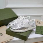 Gucci Unisex GG MAC80 Sneaker Metallic Silver Leather Round Toe Rubber Flat - Image 3