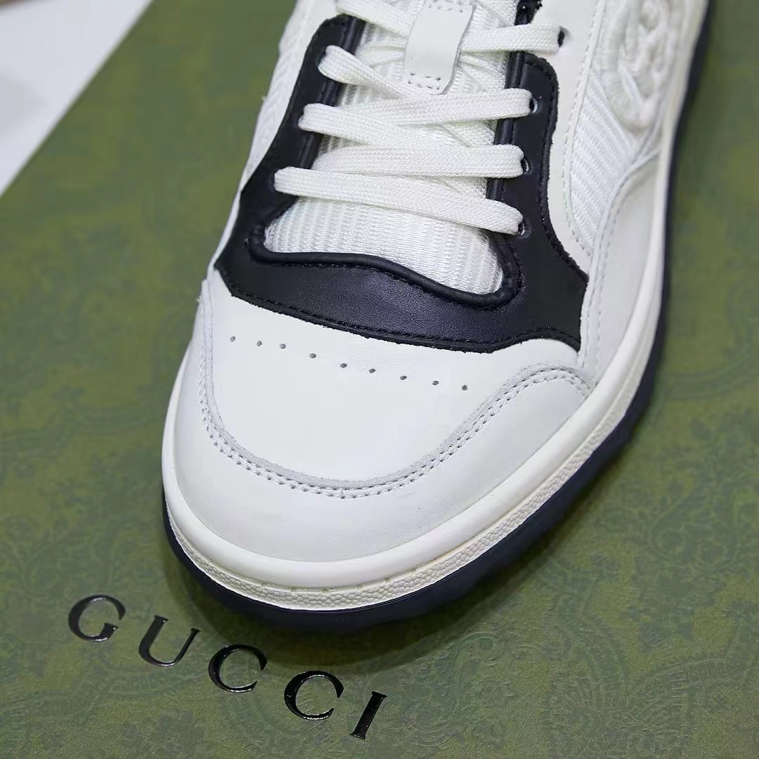 Gucci Unisex GG MAC80 Sneaker Off White Black Leather Round Toe Rubber Flat (10)