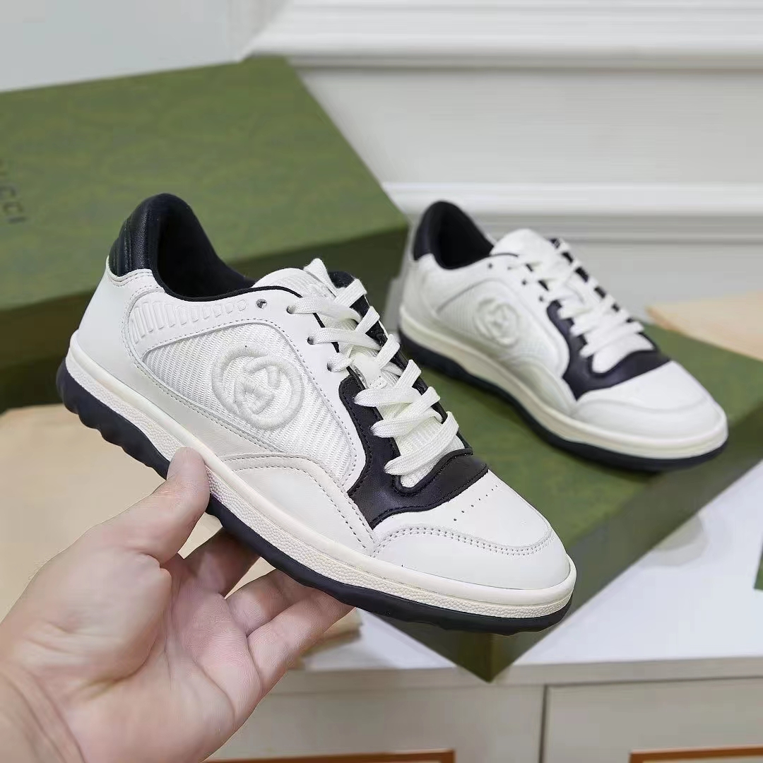 Gucci Unisex GG MAC80 Sneaker Off White Black Leather Round Toe Rubber Flat (9)