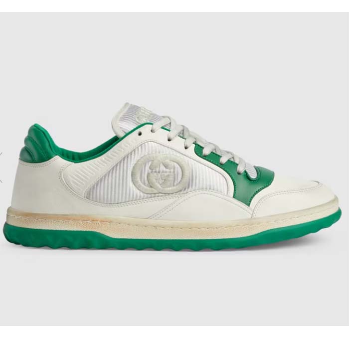 Gucci Unisex GG MAC80 Sneaker Off White Green Leather Round Toe Rubber Flat