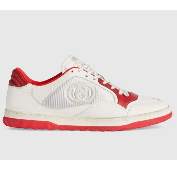 Gucci Unisex GG MAC80 Sneaker Off White Red Leather Round Toe Rubber Flat