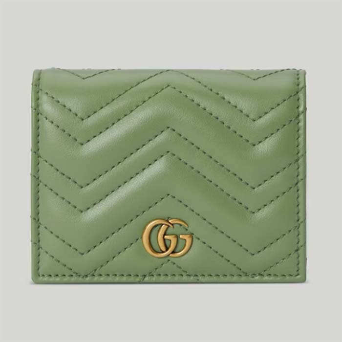 Gucci Unisex GG Marmont Matelassé Card Case Wallet Sage Green Chevron Leather