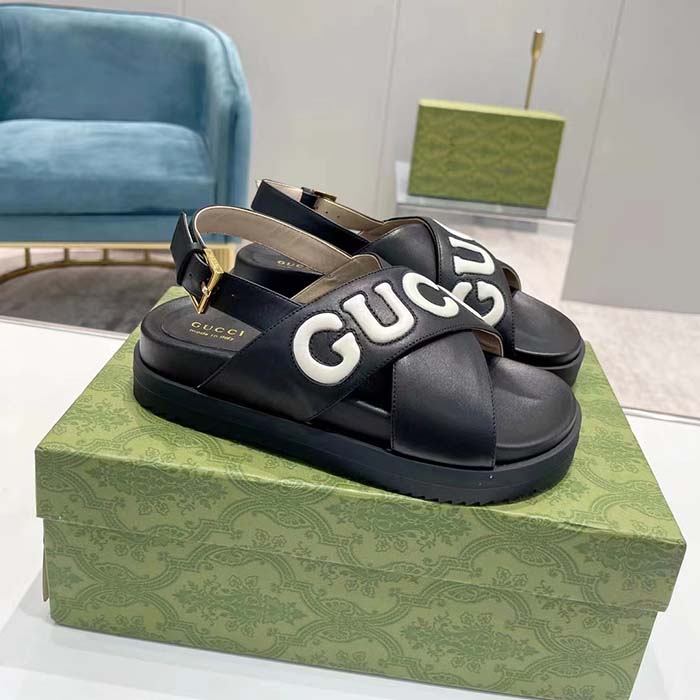 Gucci Unisex GG Sandal Black White Leather Script Rubber Buckle Flat (10)
