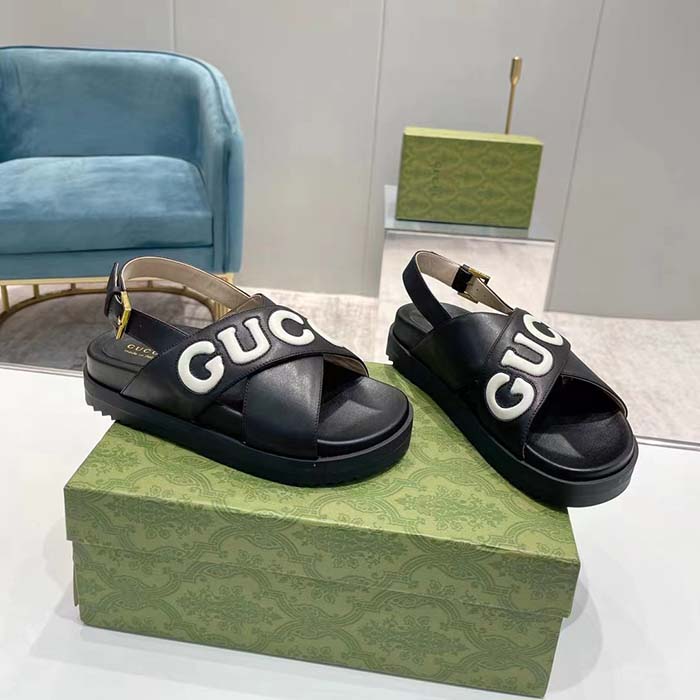 Gucci Unisex GG Sandal Black White Leather Script Rubber Buckle Flat (11)