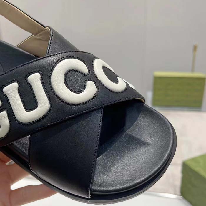 Gucci Unisex GG Sandal Black White Leather Script Rubber Buckle Flat (3)