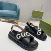 Gucci Unisex GG Sandal Black White Leather Script Rubber Buckle Flat (9)