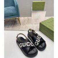 Gucci Unisex GG Sandal Black White Leather Script Rubber Buckle Flat (9)