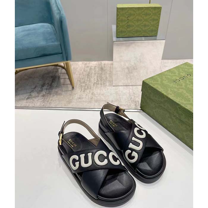 Gucci Unisex GG Sandal Black White Leather Script Rubber Buckle Flat (8)