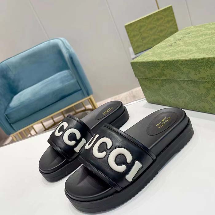 Gucci Unisex GG Slide Sandal Black White Leather Script Rubber Flat (1)