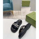 Gucci Unisex GG Slide Sandal Black White Leather Script Rubber Flat - Imagen 7