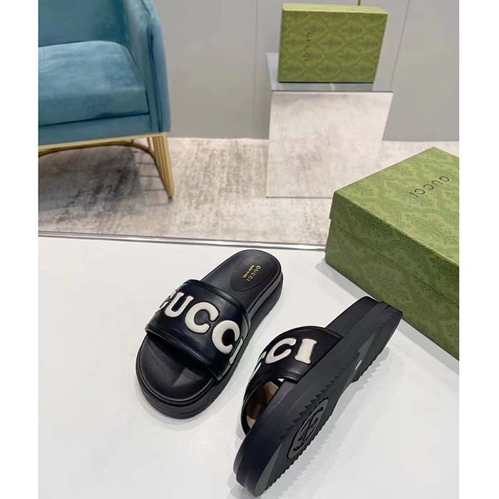 Gucci Unisex GG Slide Sandal Black White Leather Script Rubber Flat (10)