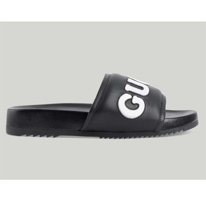 Gucci Unisex GG Slide Sandal Black White Leather Script Rubber Flat
