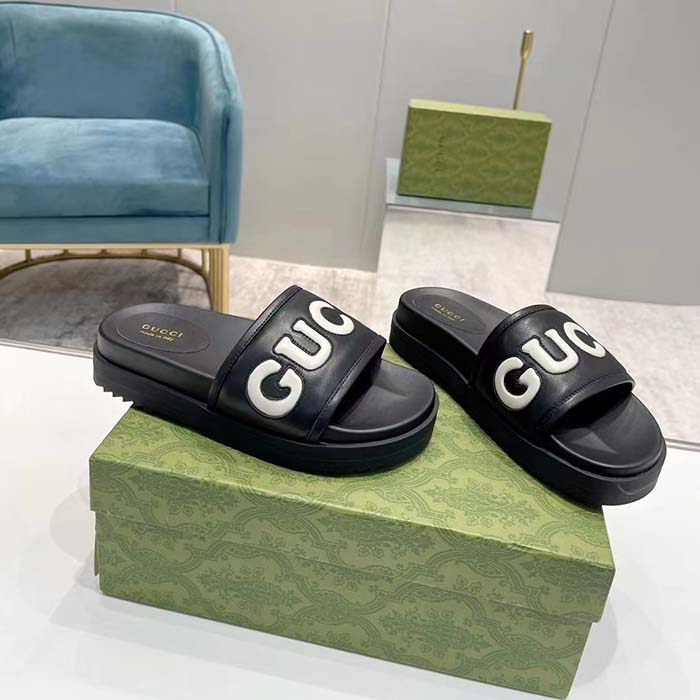 Gucci Unisex GG Slide Sandal Black White Leather Script Rubber Flat (2)