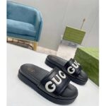 Gucci Unisex GG Slide Sandal Black White Leather Script Rubber Flat - Imagen 5