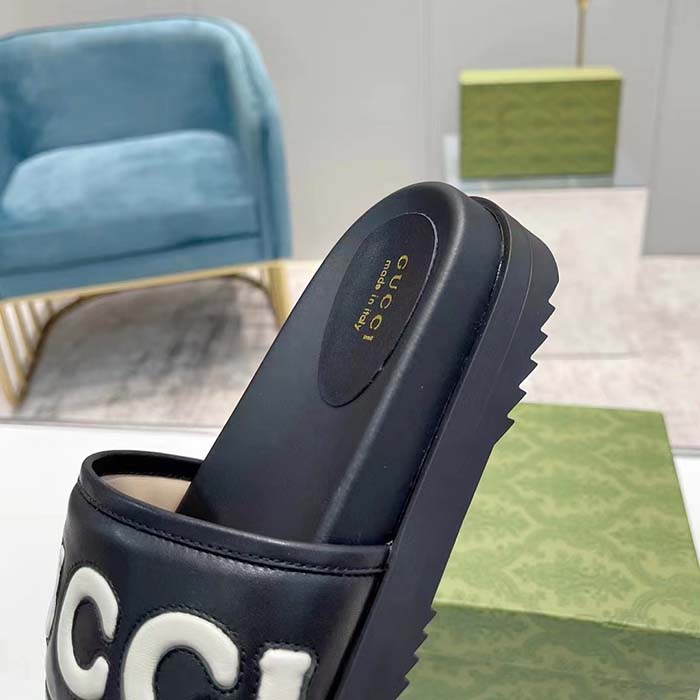 Gucci Unisex GG Slide Sandal Black White Leather Script Rubber Flat (4)