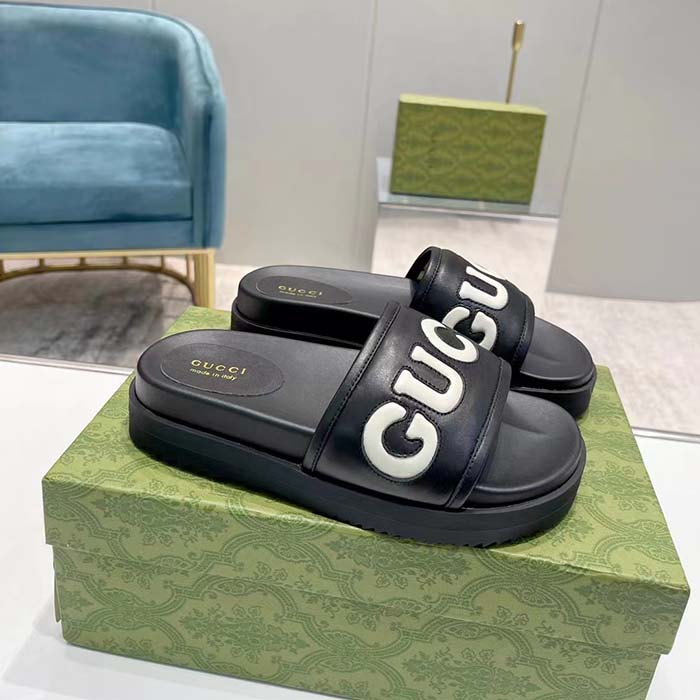 Gucci Unisex GG Slide Sandal Black White Leather Script Rubber Flat (5)