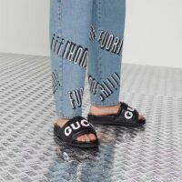 Gucci Unisex GG Slide Sandal Black White Leather Script Rubber Flat (11)