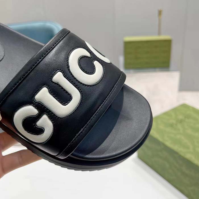 Gucci Unisex GG Slide Sandal Black White Leather Script Rubber Flat (9)
