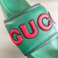 Gucci Unisex GG Slide Sandal Green Red Leather Script Rubber Flat 1 CM Heel (11)