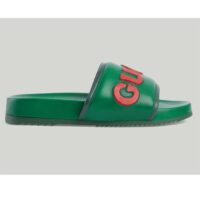 Gucci Unisex GG Slide Sandal Green Red Leather Script Rubber Flat 1 CM Heel (11)