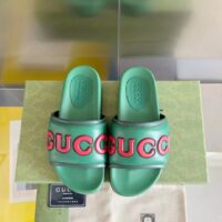 Gucci Unisex GG Slide Sandal Green Red Leather Script Rubber Flat 1 CM Heel (11)